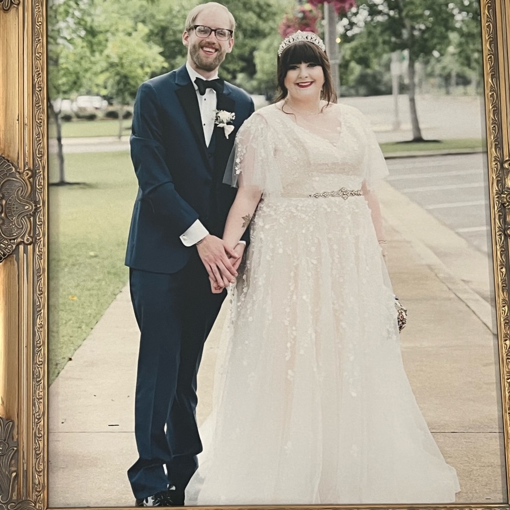Plus size vintage wedding dress flutter sleeve and open back blush under layer
